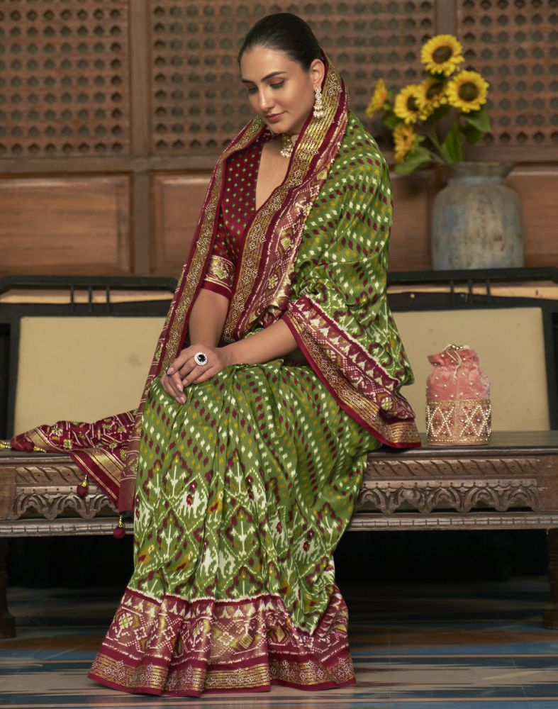 Green And Maroon Ikat Patola Printed Saree