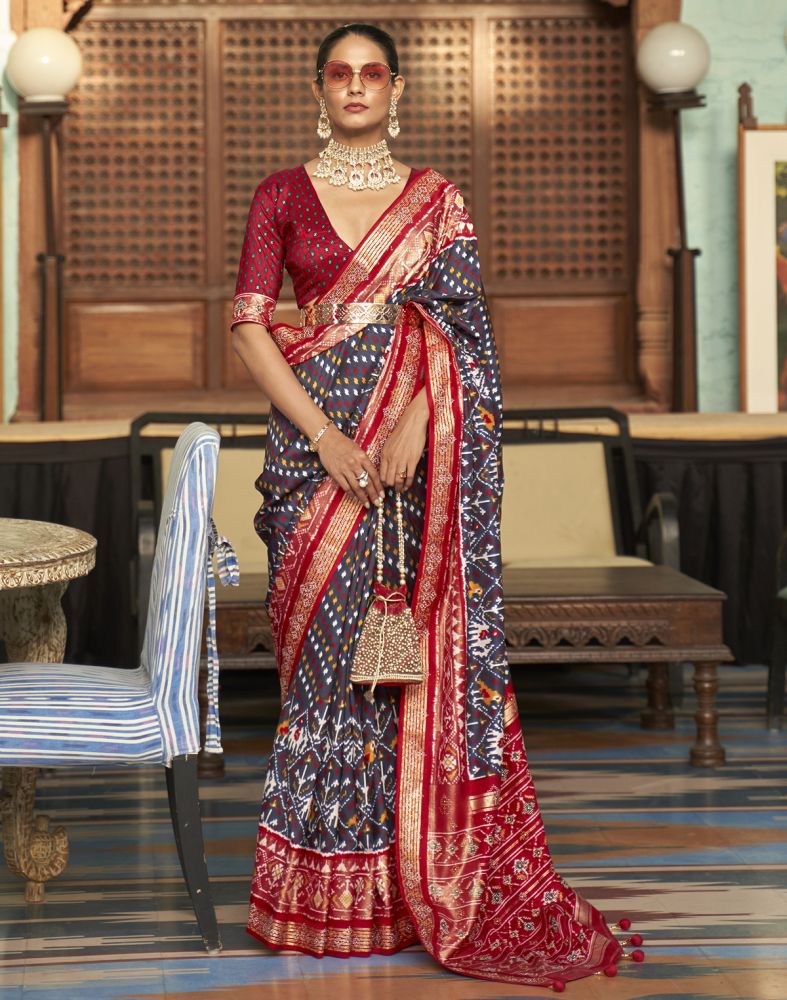 Navy Blue Ikat Smooth Patola Saree