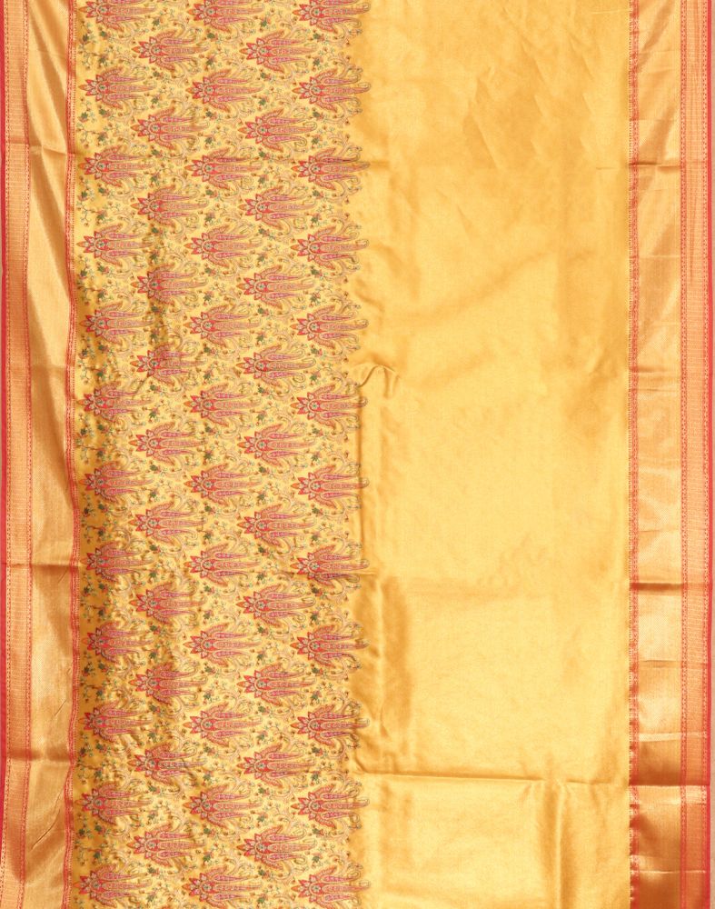 Light Yellow Kantha Embroidered work Semi Silk Saree