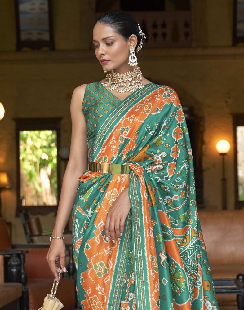 Admiral Green Ikat Patola Silk Fabric Saree