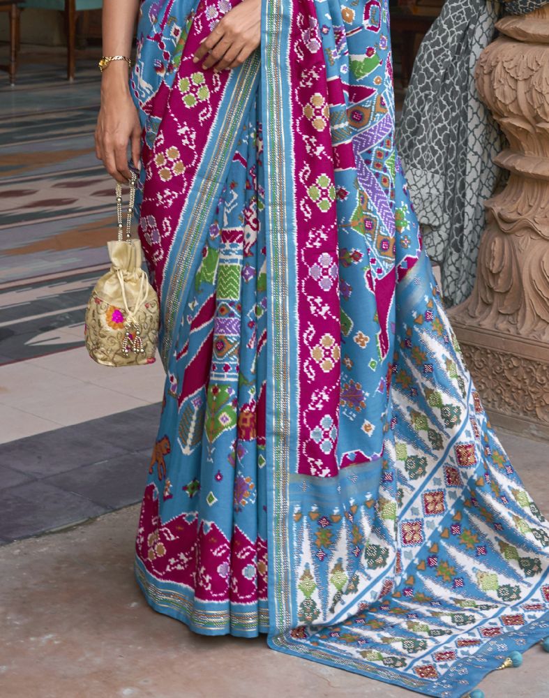 Sky Blue Ikat Soft Patola Silk Saree