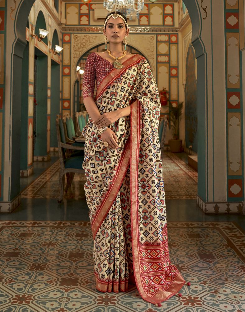 Cream Coloured Ikat Patola Fancy Saree