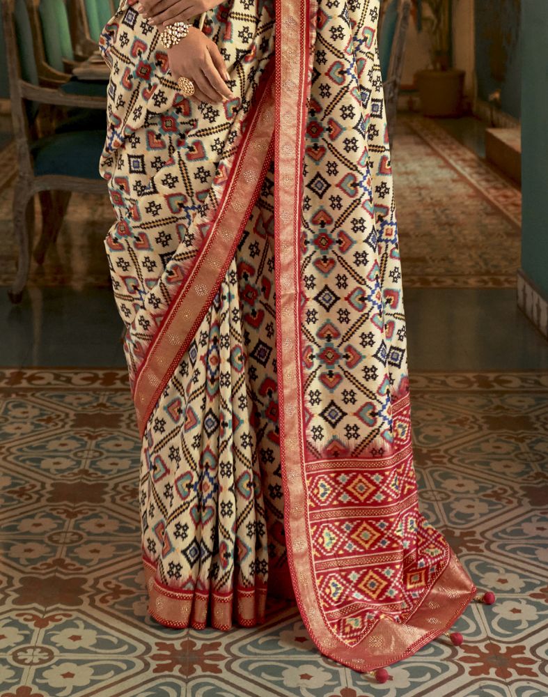 Cream Coloured Ikat Patola Fancy Saree