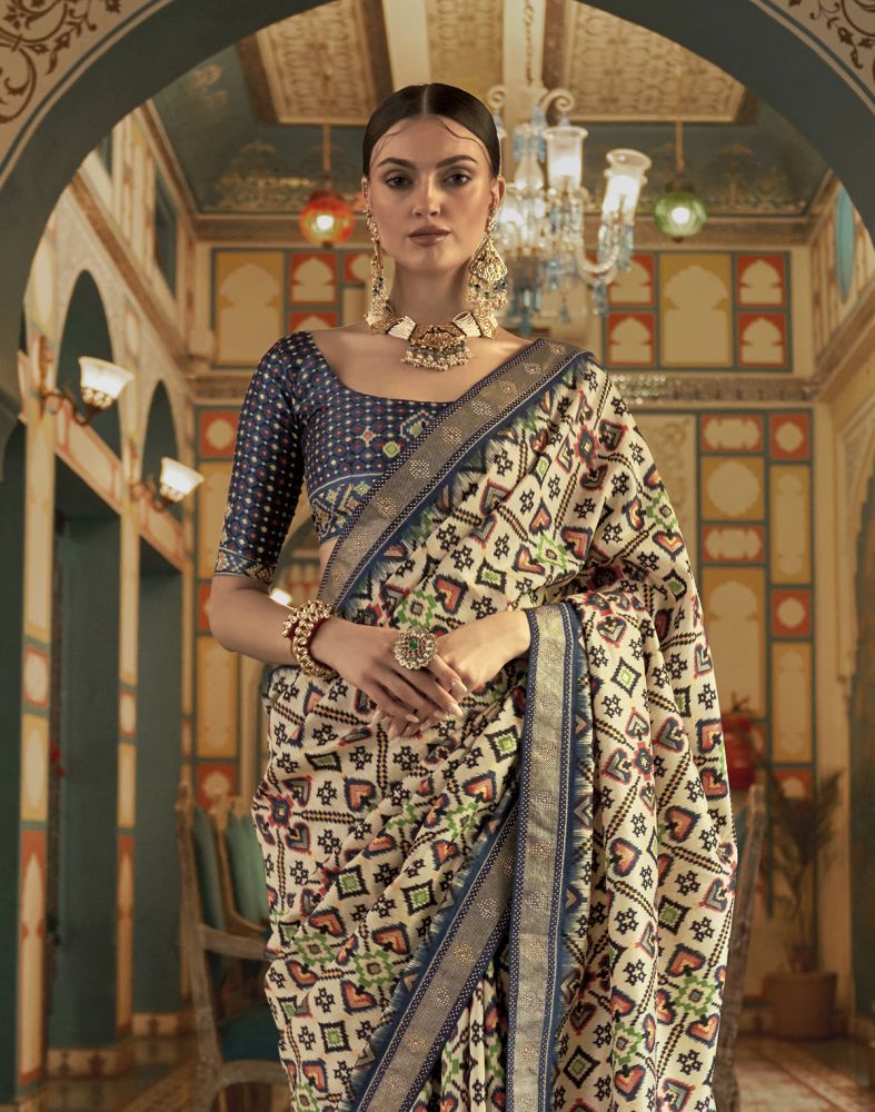 Admiral Cream Ikat Print Patola Saree