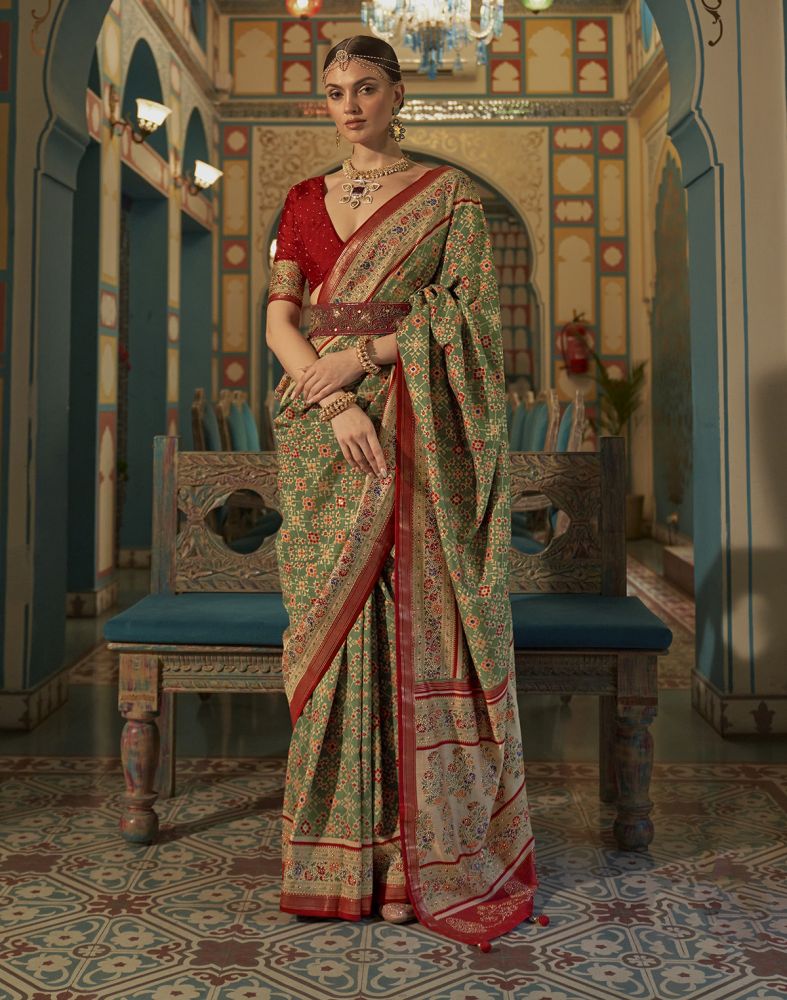 Green And Maroon Ikat Print Patola Saree