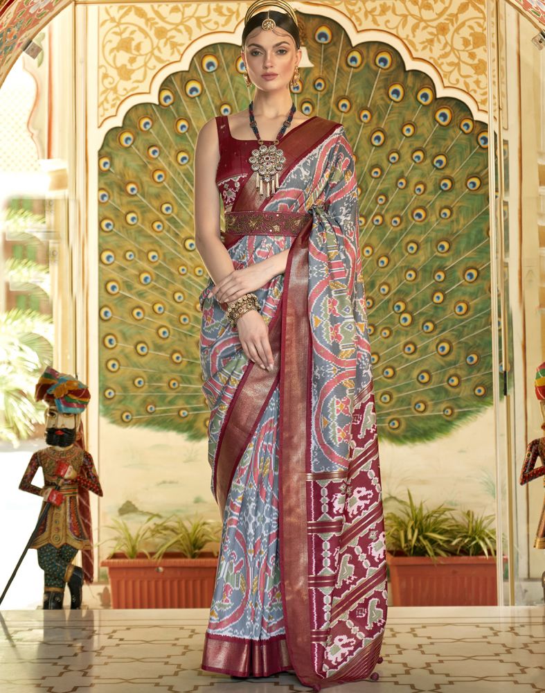 Grey Ikat Smooth Patola Silk Saree