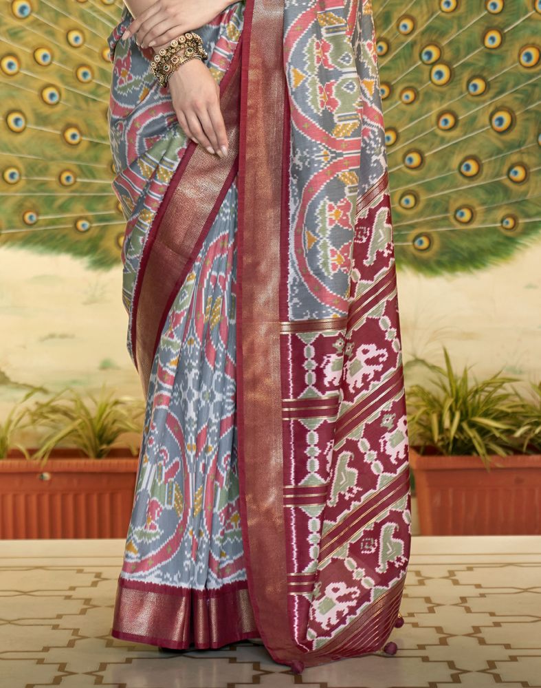 Grey Ikat Smooth Patola Silk Saree