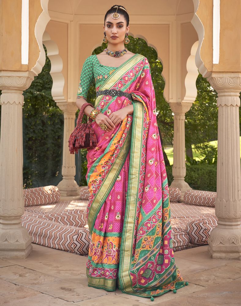 Pink Ikat Mirror work Patola Saree