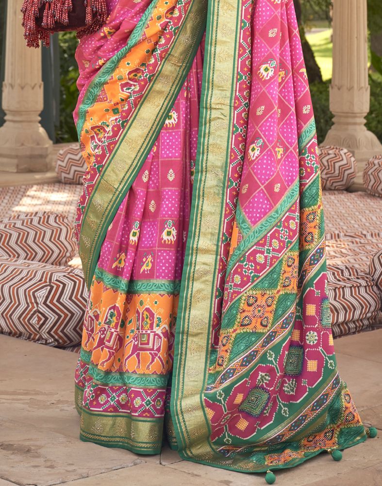 Pink Ikat Mirror work Patola Saree