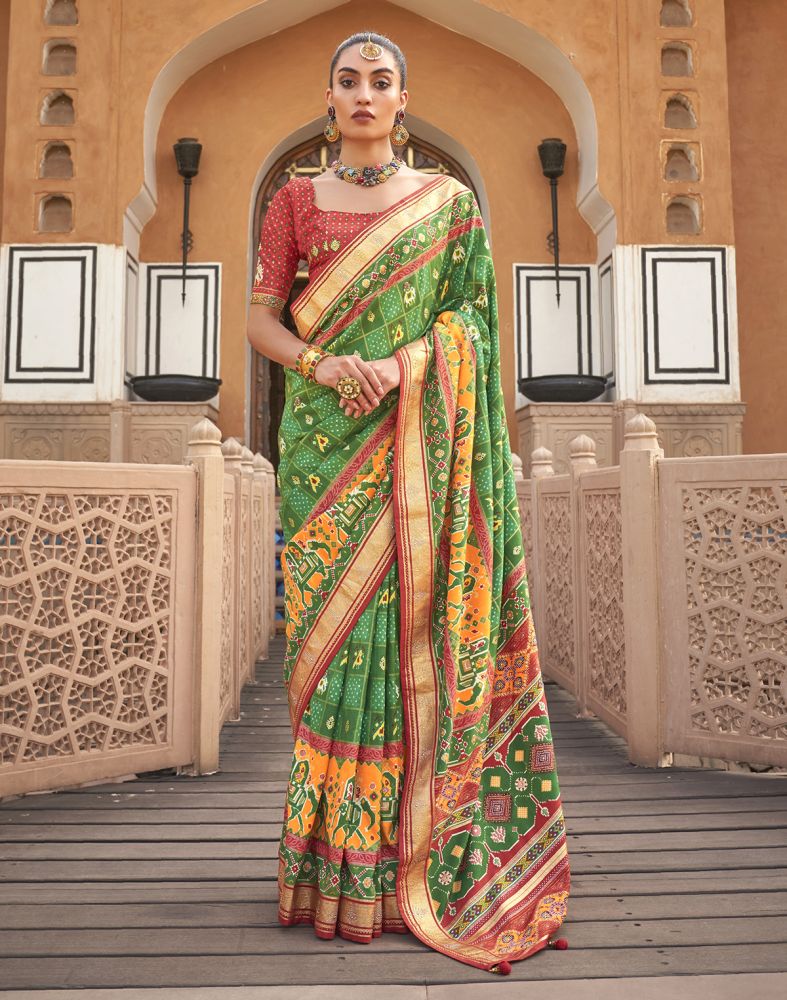 Green Ikat Pattern Mirror Work Patola Saree