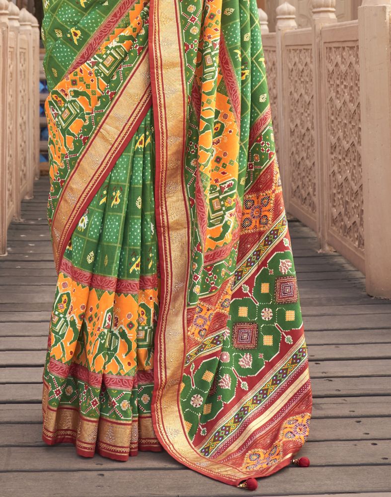 Green Ikat Pattern Mirror Work Patola Saree