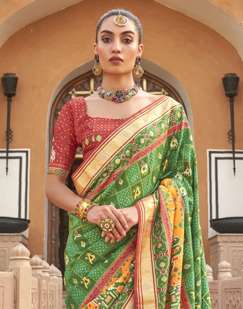 Green Ikat Pattern Mirror Work Patola Saree