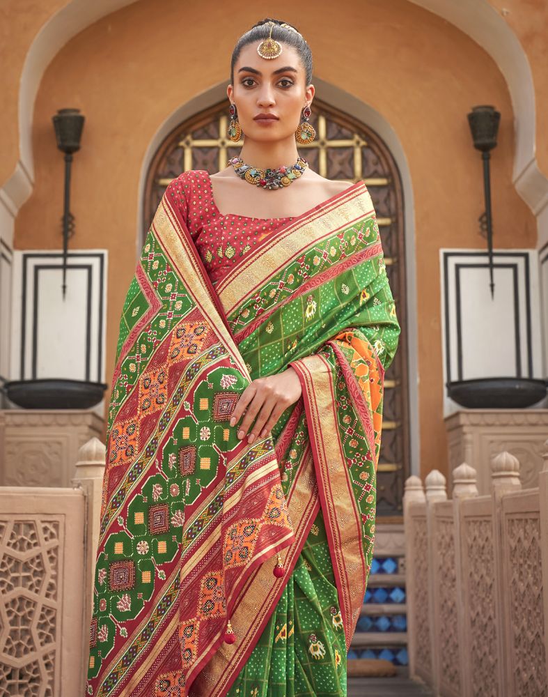 Green Ikat Pattern Mirror Work Patola Saree