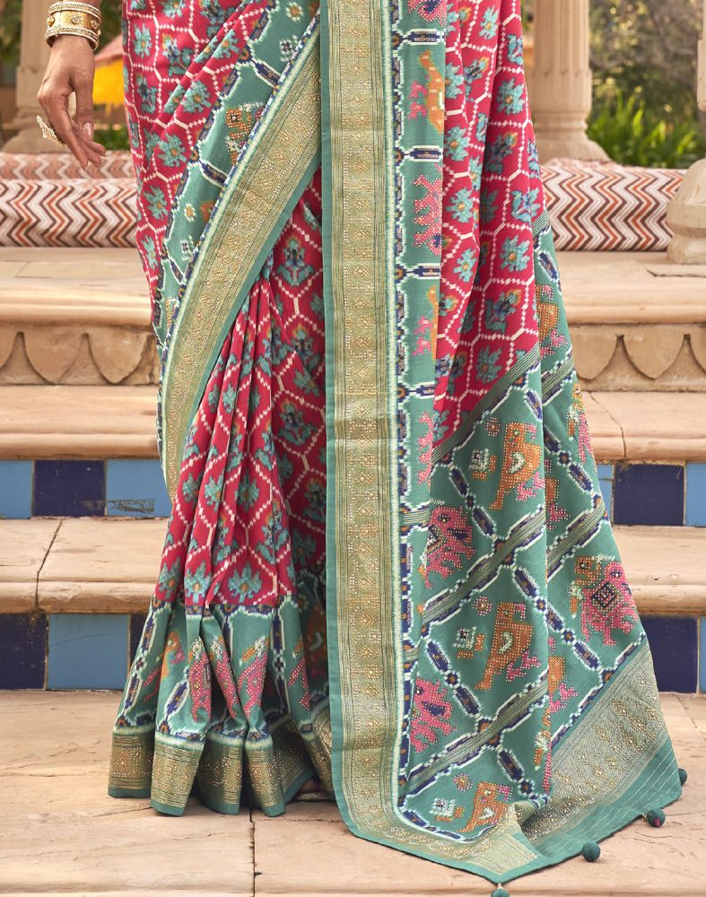 Red and Blue Ikat Print Patola Saree