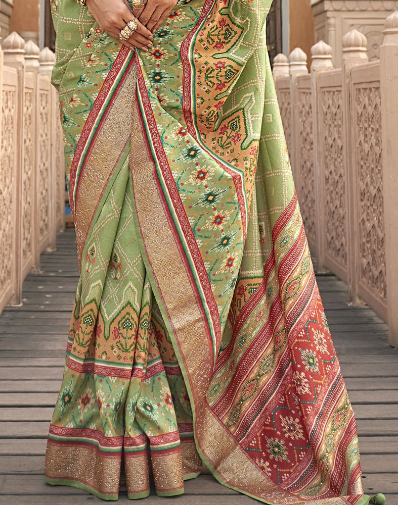 Patola Fancy Pista Green Geometric Print Saree