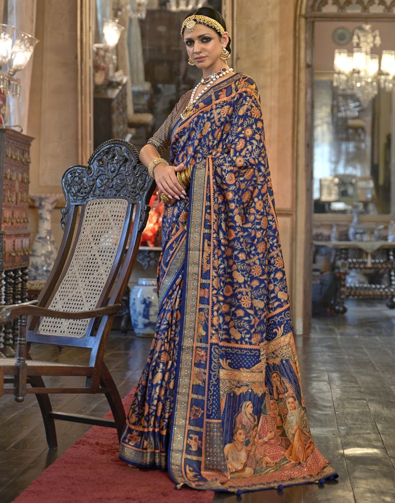 Royal Blue Floral Patola Mica Print Saree