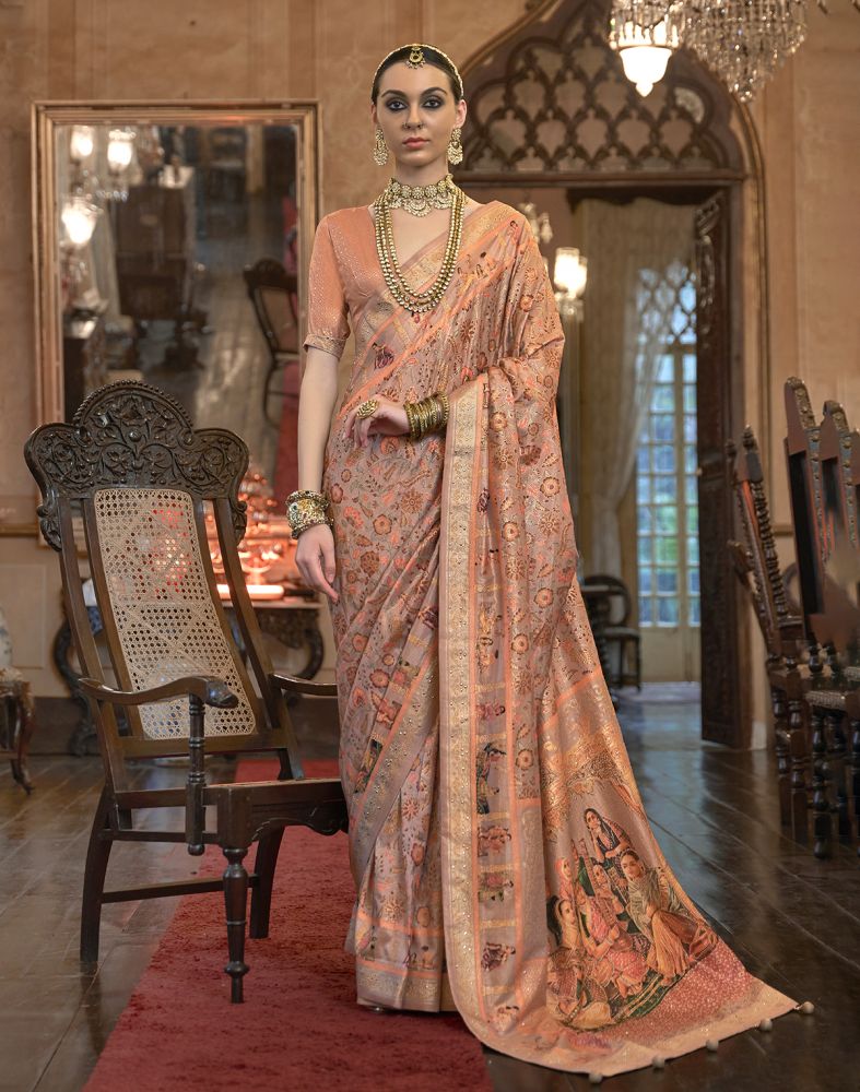 Blissful Peach Colour Floral Mica Print Patola Saree