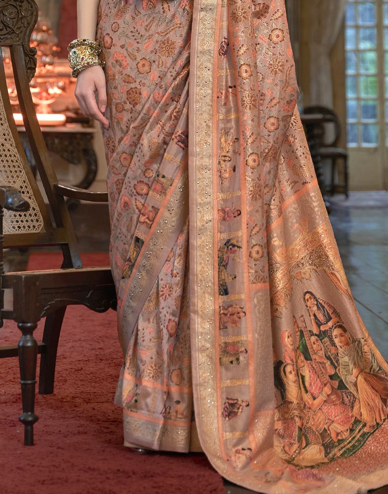 Blissful Peach Colour Floral Mica Print Patola Saree