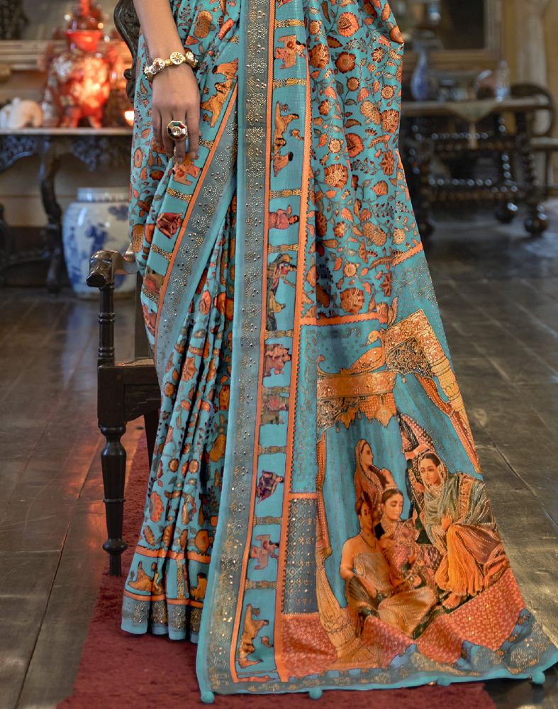 Sky Blue Floral Pattern Patola Mica Print Saree