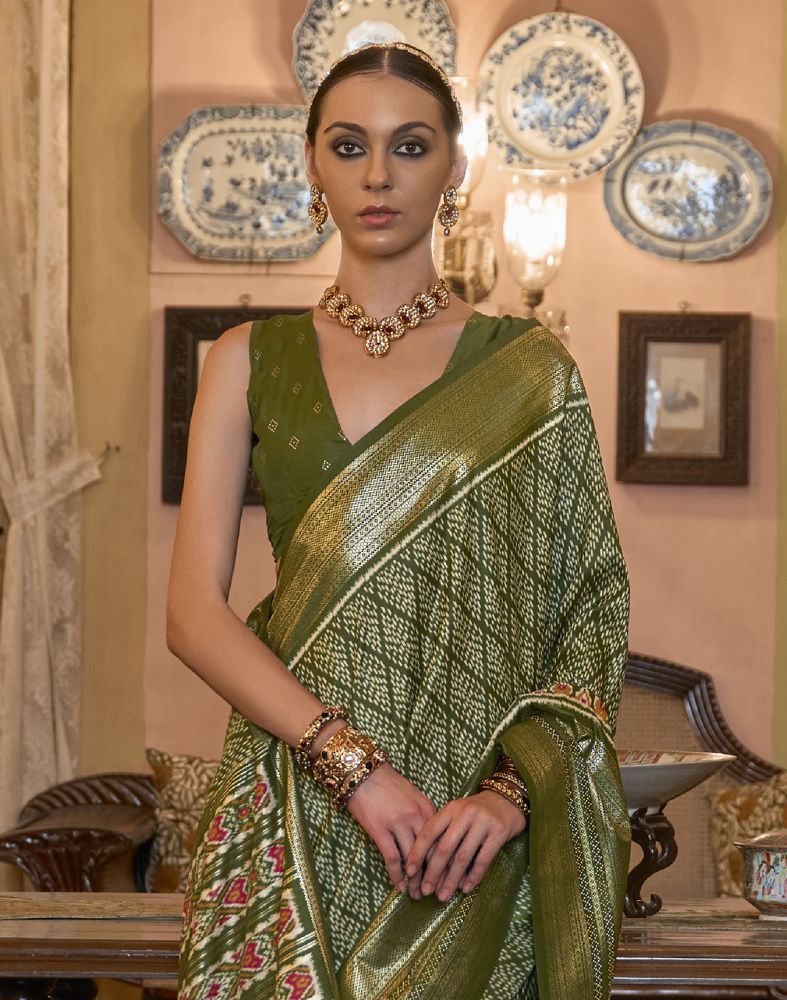 Mehendi Green Geometric Print Param Patola Saree