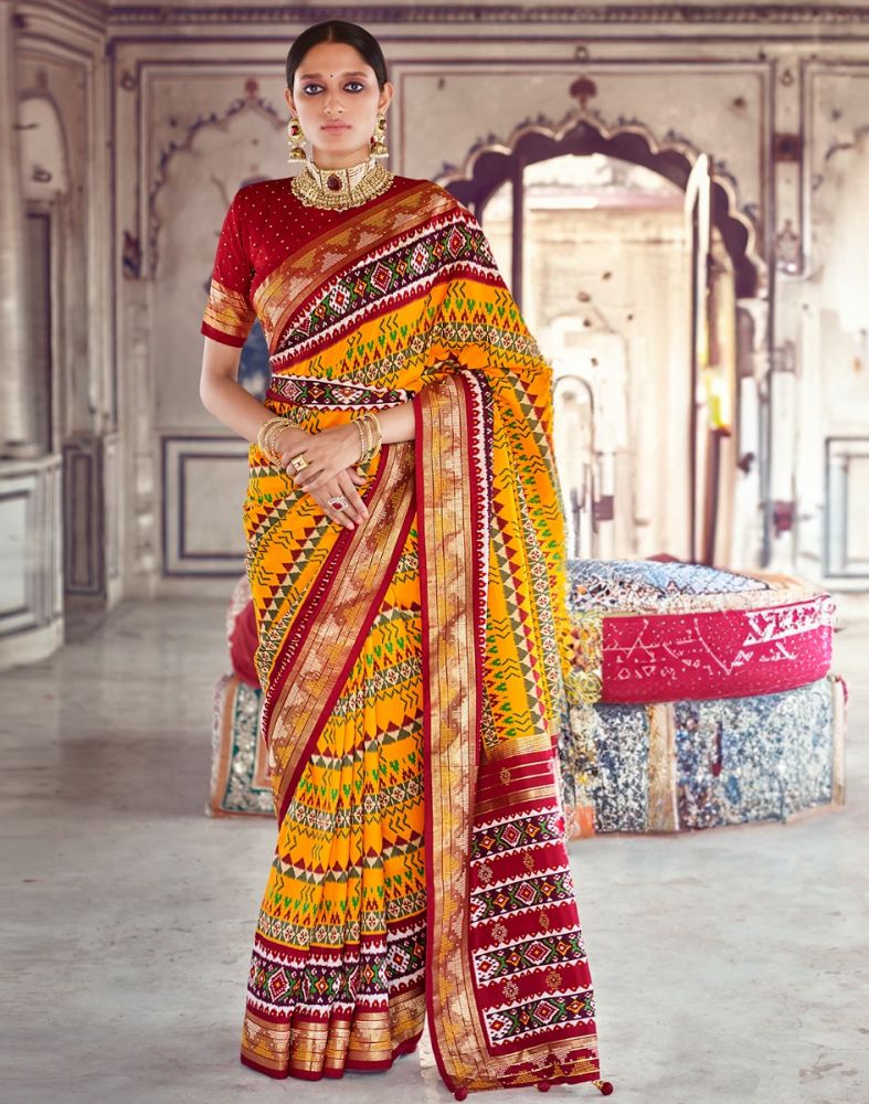 Mustard Geometric Print Patola Saree