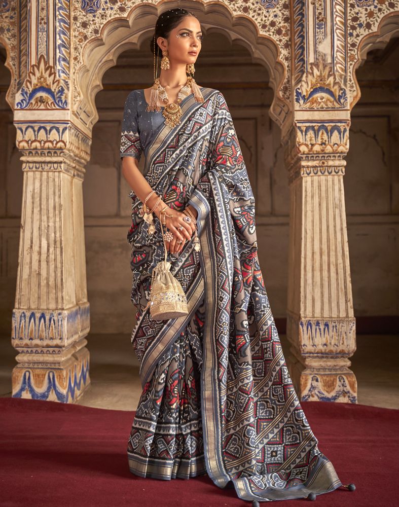 Dusky Grey Ikat Print Patola Silk Saree