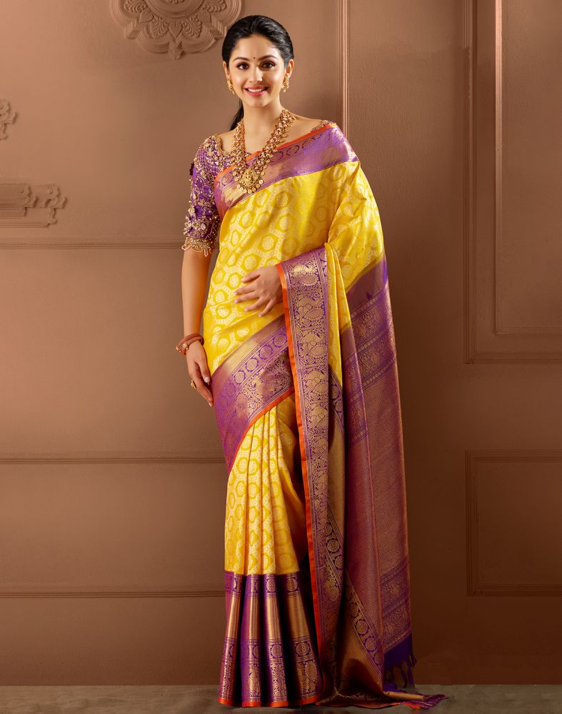 Exclusive Yellow Coloured Floral Design Pure Silk Saree