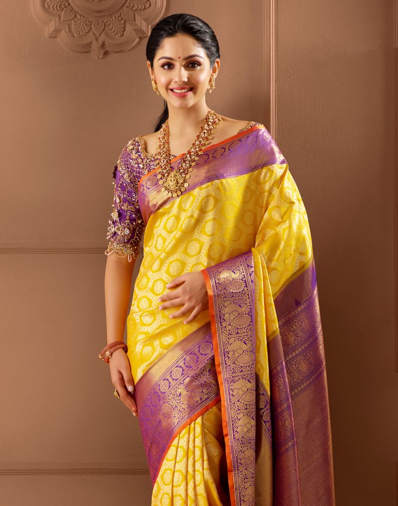 Exclusive Yellow Coloured Floral Design Pure Silk Saree