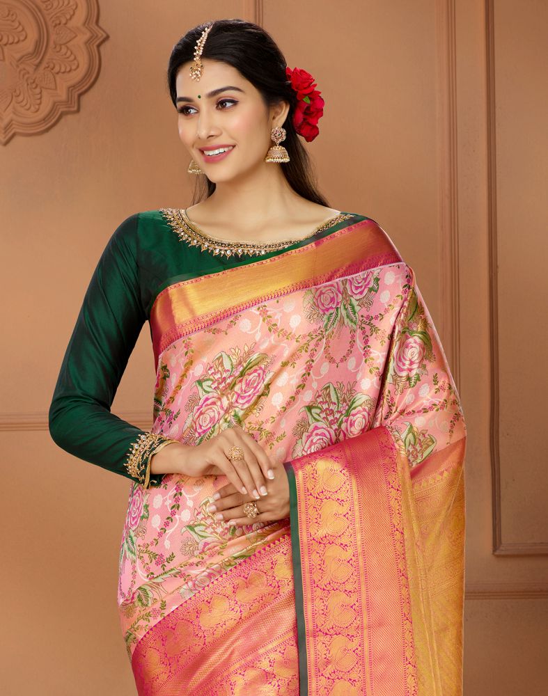 Pink and Green Double shaded Pure Silk Saree