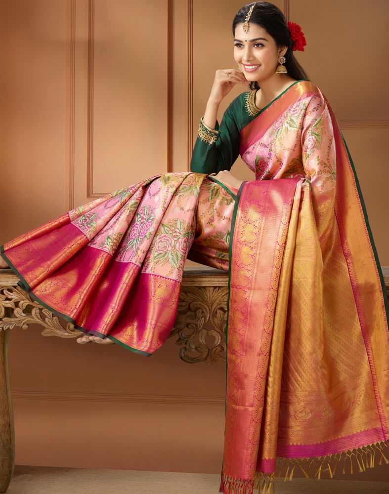 Pink and Green Double shaded Pure Silk Saree