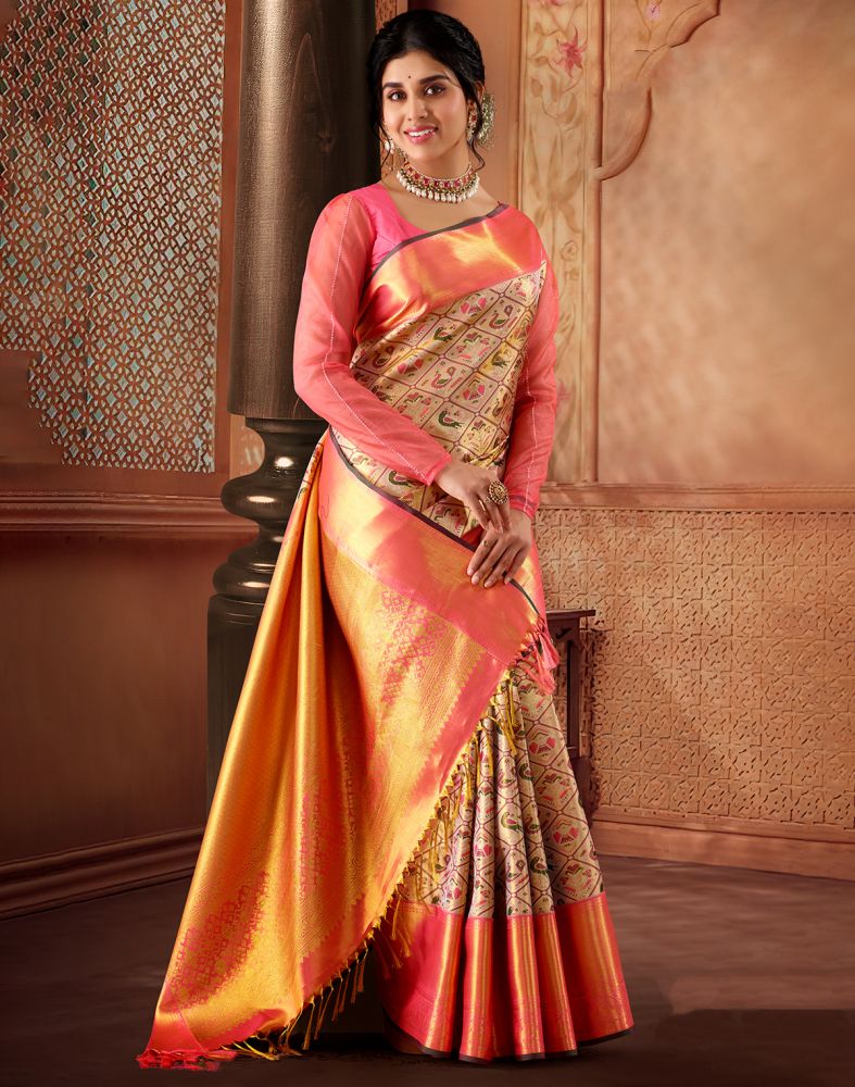 Graceful Gold and Pink Pure Silk double shaded Saree