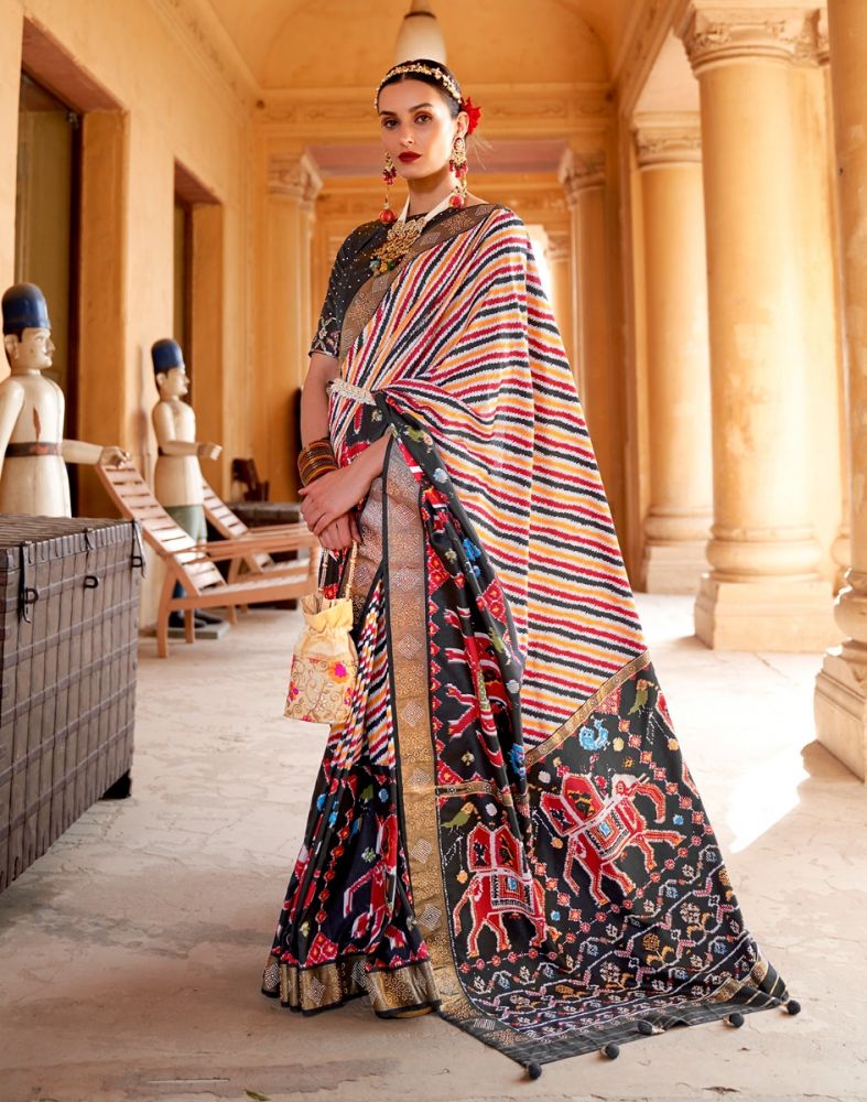 Multi Color Ethnic Motifs Mica Print Patola Saree