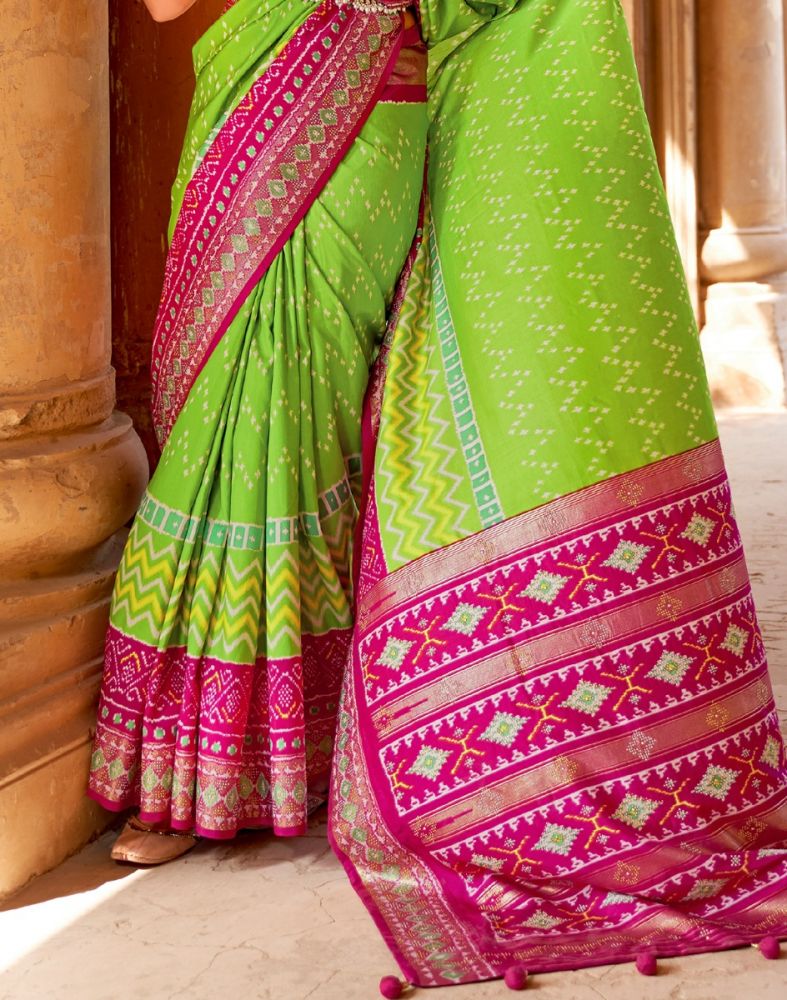 Parrot Green Chevron Patola Fabric Saree