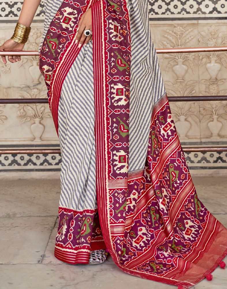 Grey And Red Weaving Patola Saree