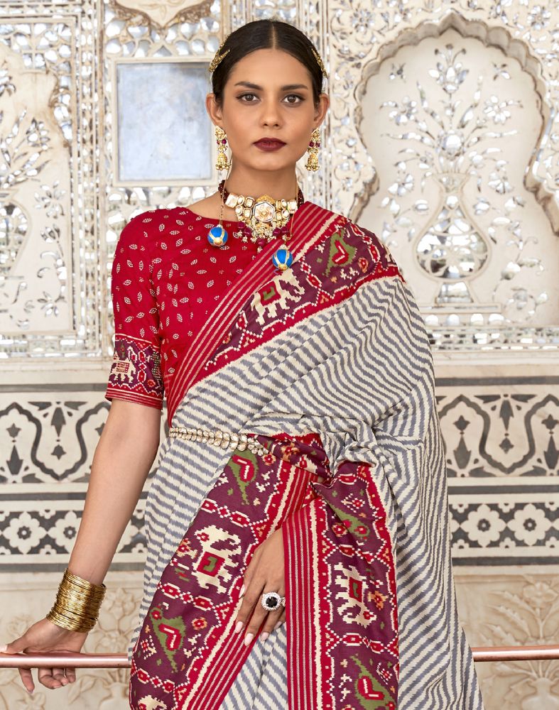 Grey And Red Weaving Patola Saree