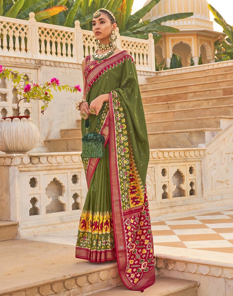 Mehendi Green Patola Mirror work Saree