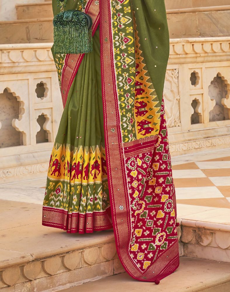 Mehendi Green Patola Mirror work Saree