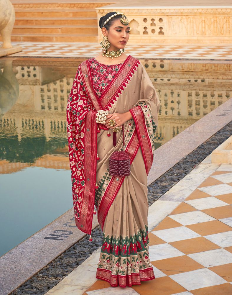 Beige Coloured Patola Mirror Work Saree