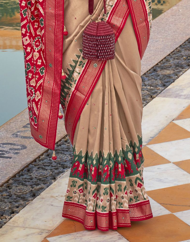 Beige Coloured Patola Mirror Work Saree