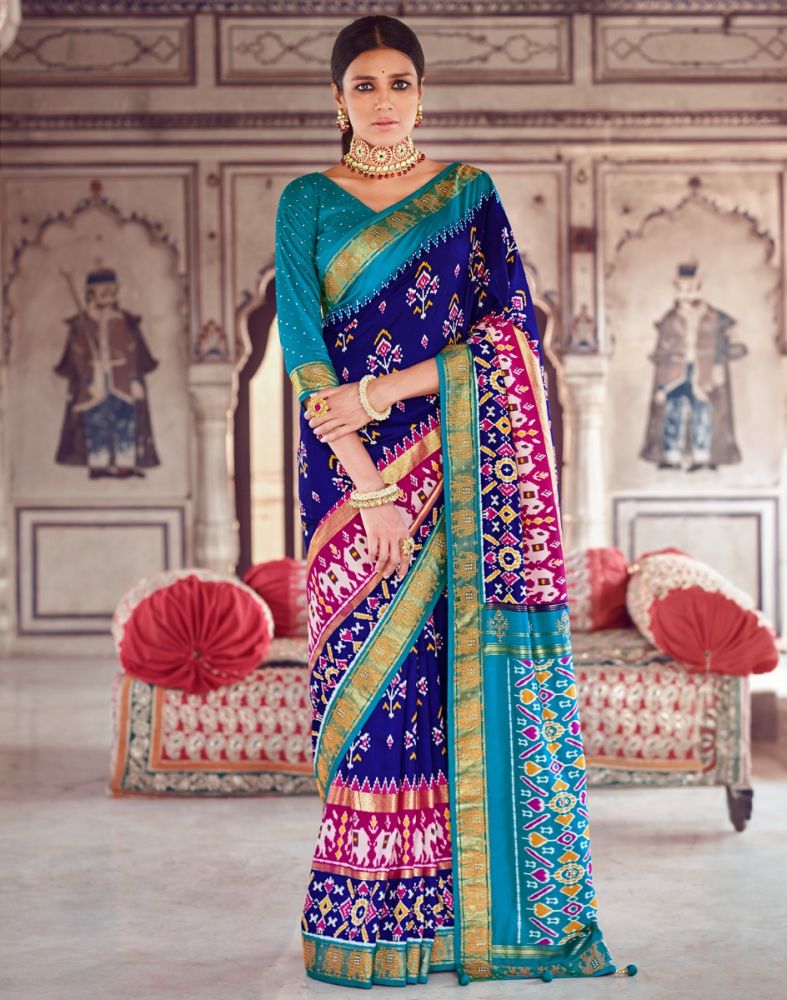 Royal Blue Ikat Print Patola Saree