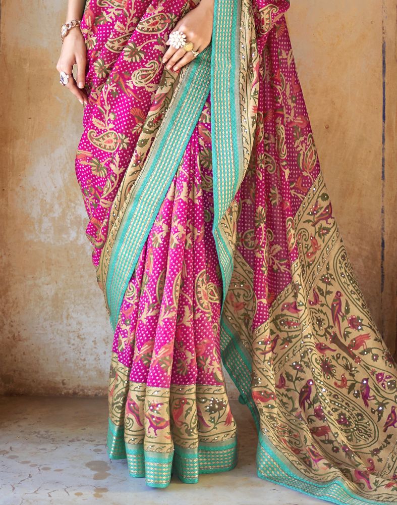 Beautiful Pink Botanical Print Patola Designer Saree