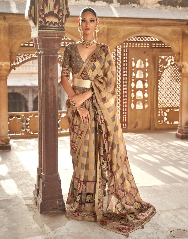 Gold Checks Pattern Patola Fancy Saree