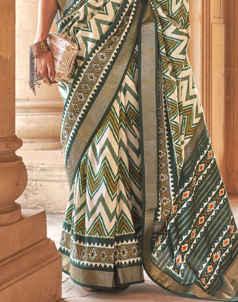 Patola Fabric Off White Chevron Print Saree