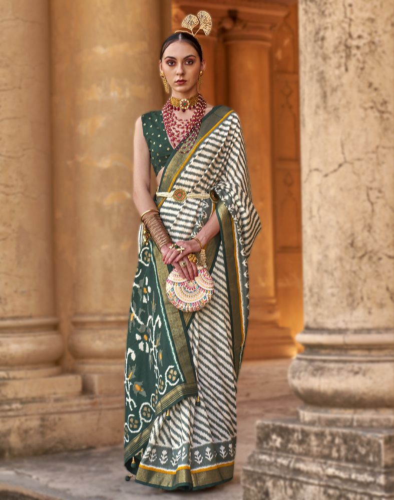 Off White Stripes Pattern Patola Fabric Saree