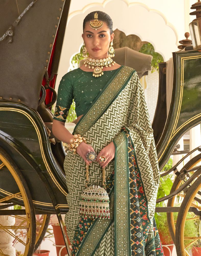 Mehendi Green Chevron Pattern Beads work Patola Saree