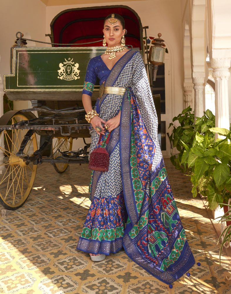 Royal Blue Chevron Pattern Patola Beads work Saree