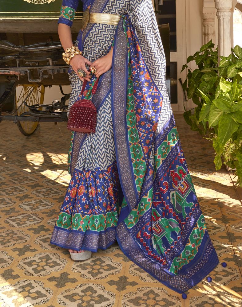 Royal Blue Chevron Pattern Patola Beads work Saree