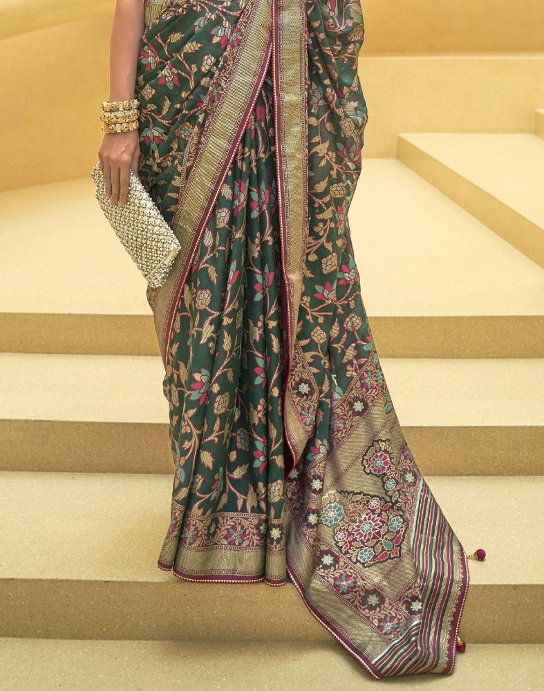 Dark Green Floral Print Patola Saree