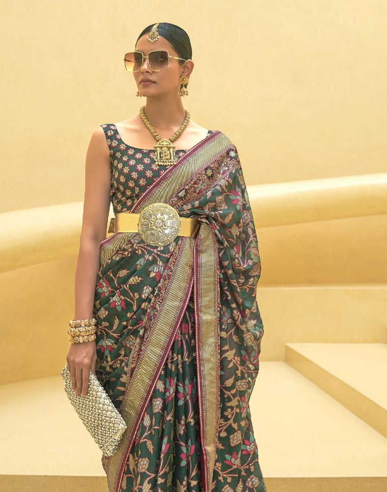 Dark Green Floral Print Patola Saree