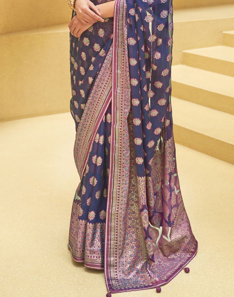 Navy Blue Floral Print Patola Saree